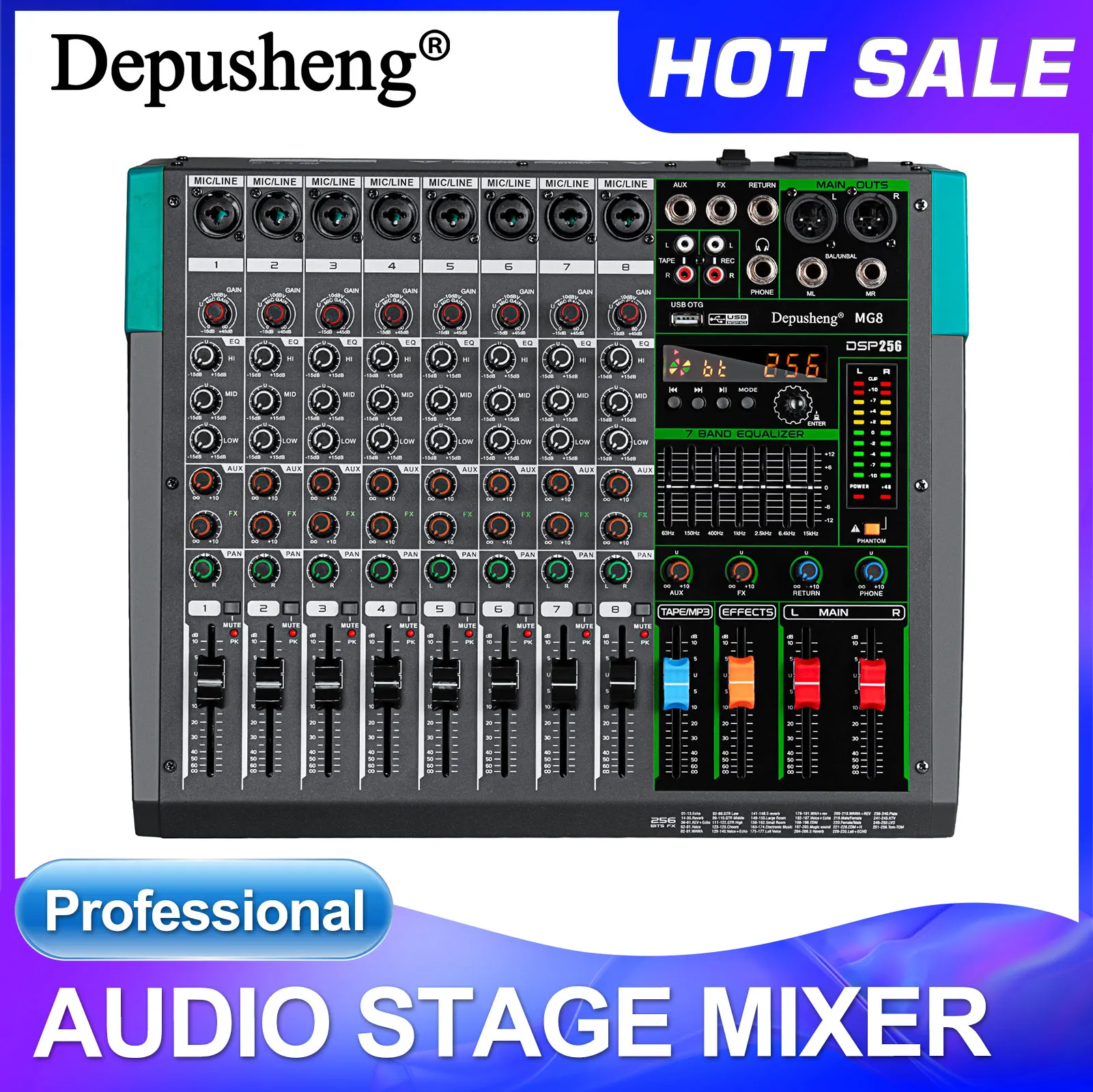 Professional Audio Mixer Depusheng MG8 8 Channel Sound Board Console DJ Mixing Desk System Interface Built-in 256 Reverb Effect