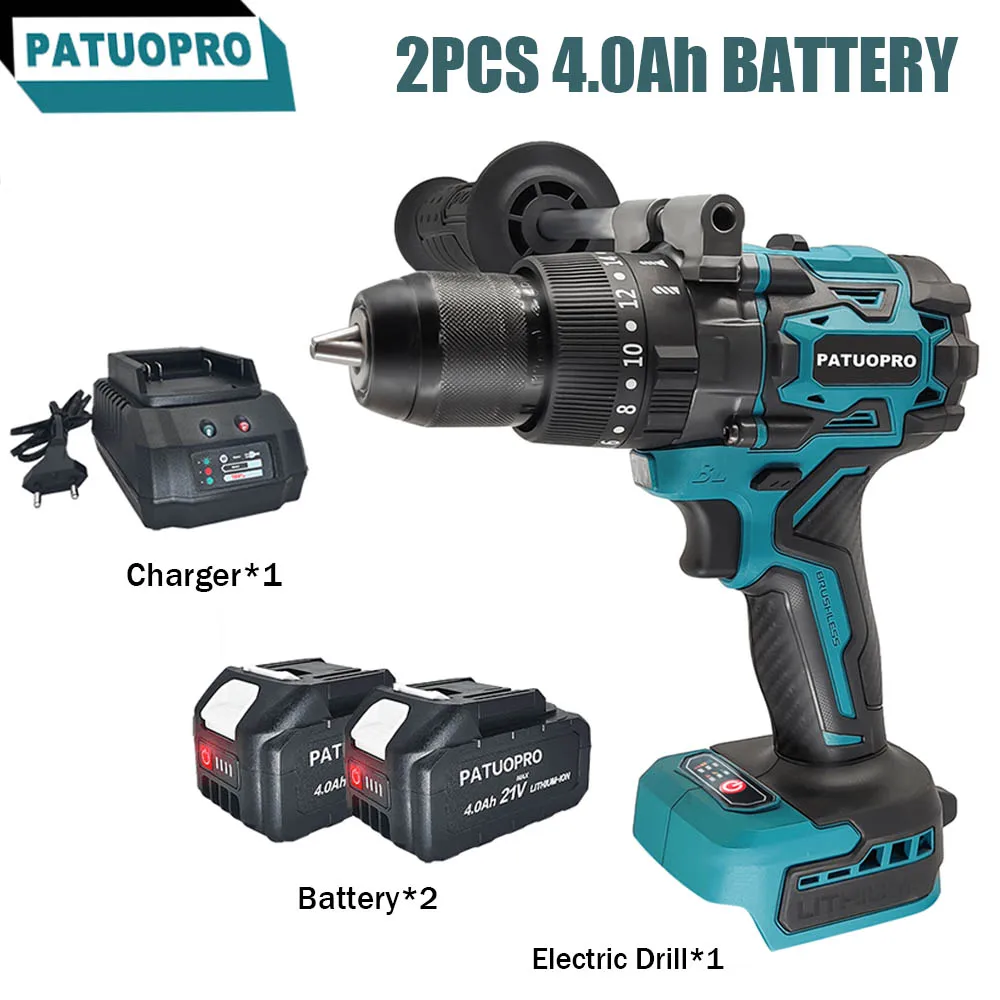 PATUOPRO 220N.m Brushless Electric Hammer Drill Cordless 13MM Hammer Drill 3 Functions Impact Drill Tools For Makita 18v Battery