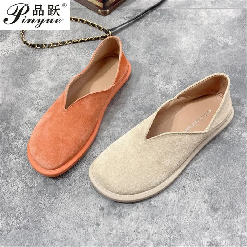 High quality European and American retro leather abrasive leather casual shoes loafers flat women\'s shoes ize 35 39