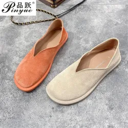 High quality European and American retro leather abrasive leather casual shoes loafers flat women's shoes ize 35 39