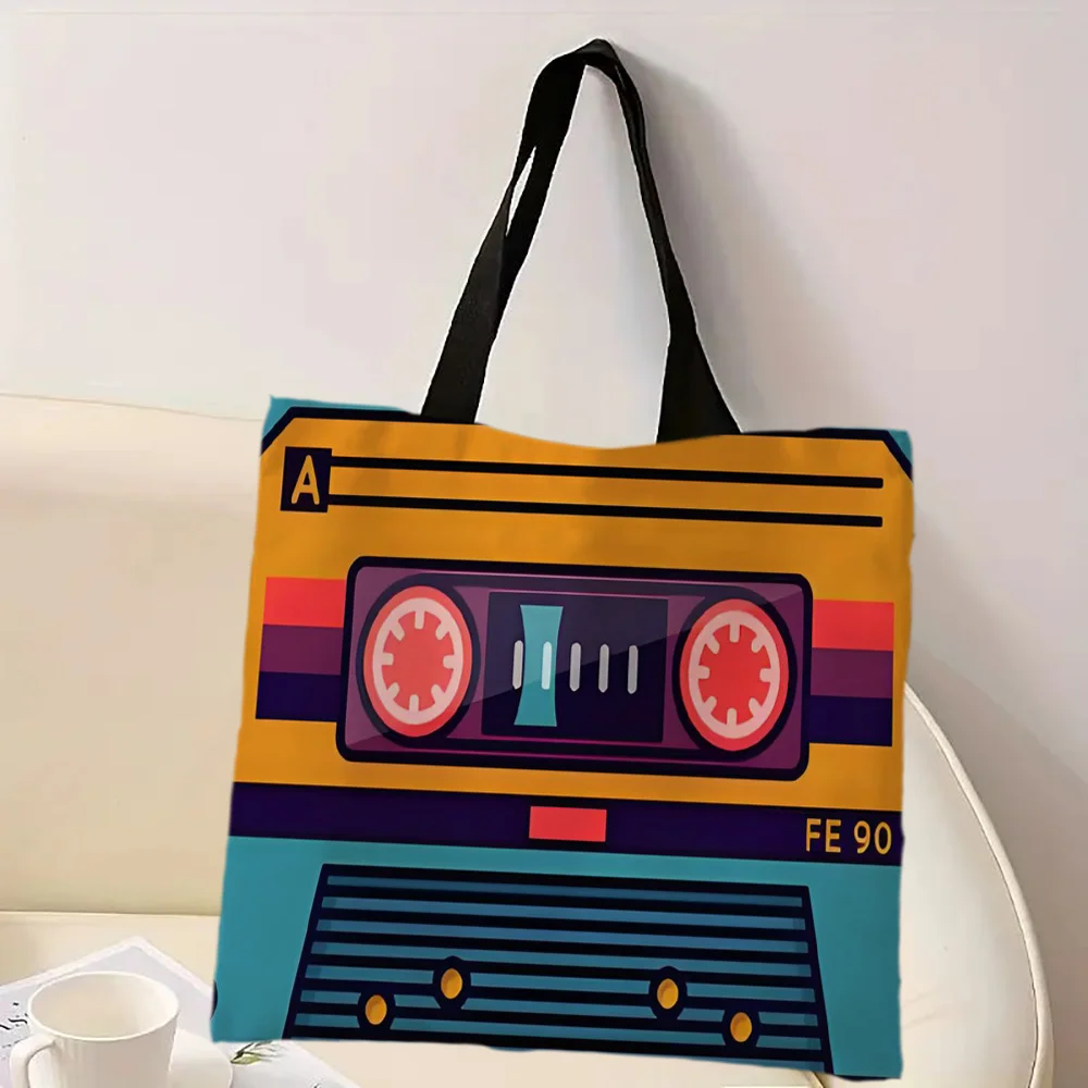 Einkaufstasche mit großer Kapazität, leichte Handtasche, Polyester, Retro-Kassetten-Design, Umhängetasche, täglicher Freizeitgebrauch, praktische Einkaufstasche