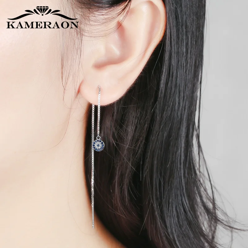 KAMERAON Long Chain Blue Evil Eyes Pendant Earrings 100% 925 Sterling Silver Cubic Zircon Tassel perforation Women Jewelry E0922