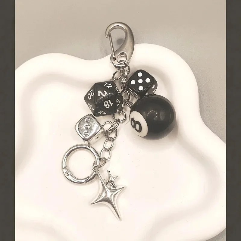 Black Dice Billiards Keychain Hiphop Lucky Dice Pendant Bag Charm Punk Cool Jewelry Accessories Bag Charms Birthday Gift