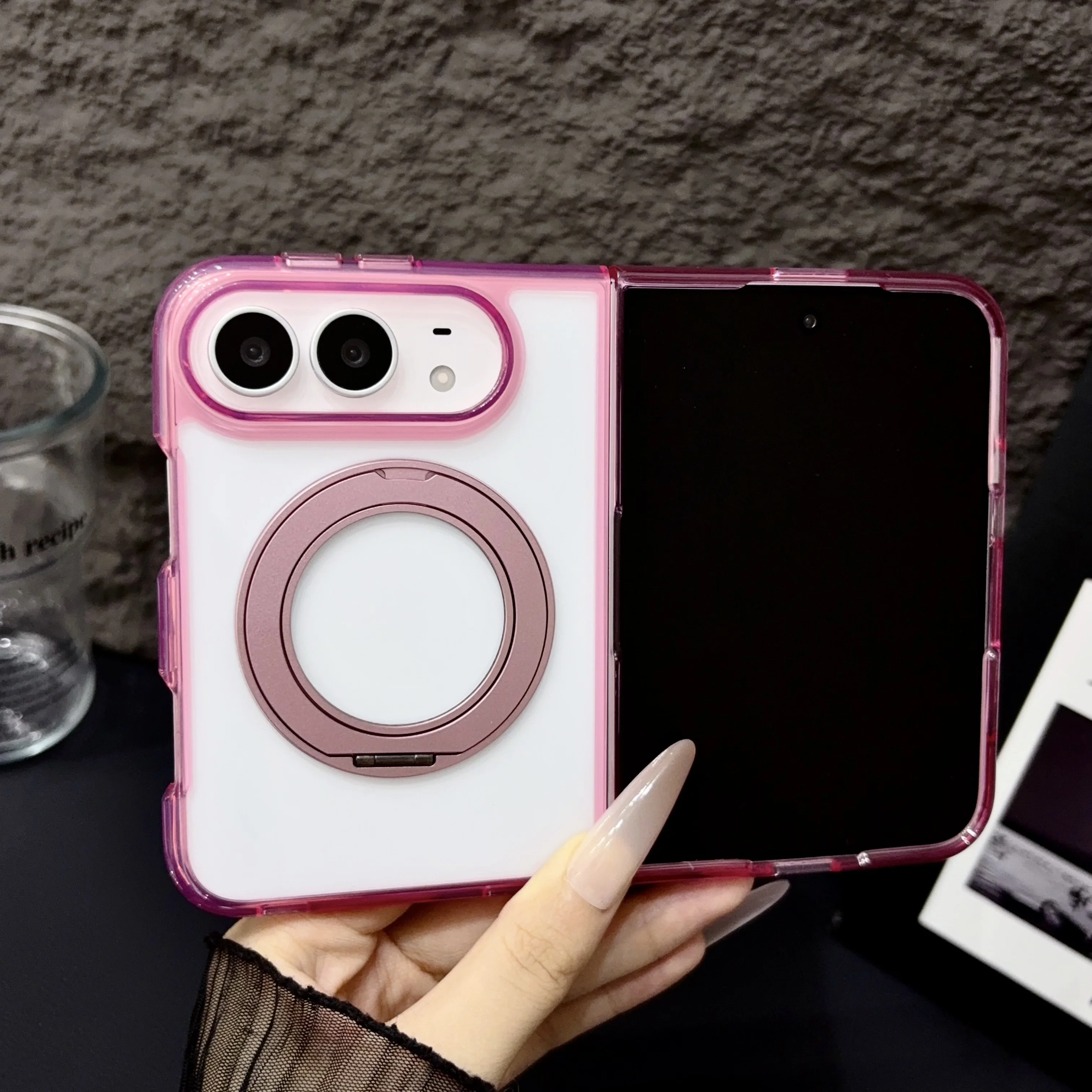 For iPhone Duo Fold HD Phone Case 360° Rotating Magnetic Ring Holder Stand Shockproof Protect Cover For Apple Folding Smartphone
