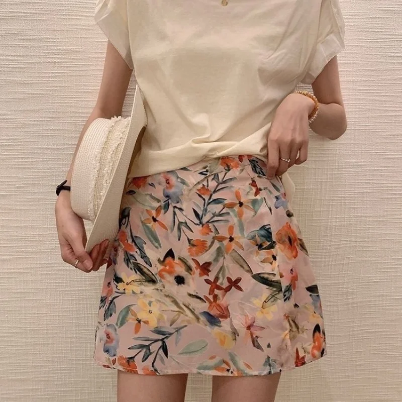 

Mini Skirts Women Summer A-line Floral Painting Vintage Office Lady Elegant High Waist with Lining Sweet Gentle Aesthetic Faldas