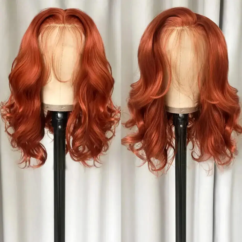 13*4 Lace Front Wig Dark Orange Synthetic Wave Human Hair Blend Wigs