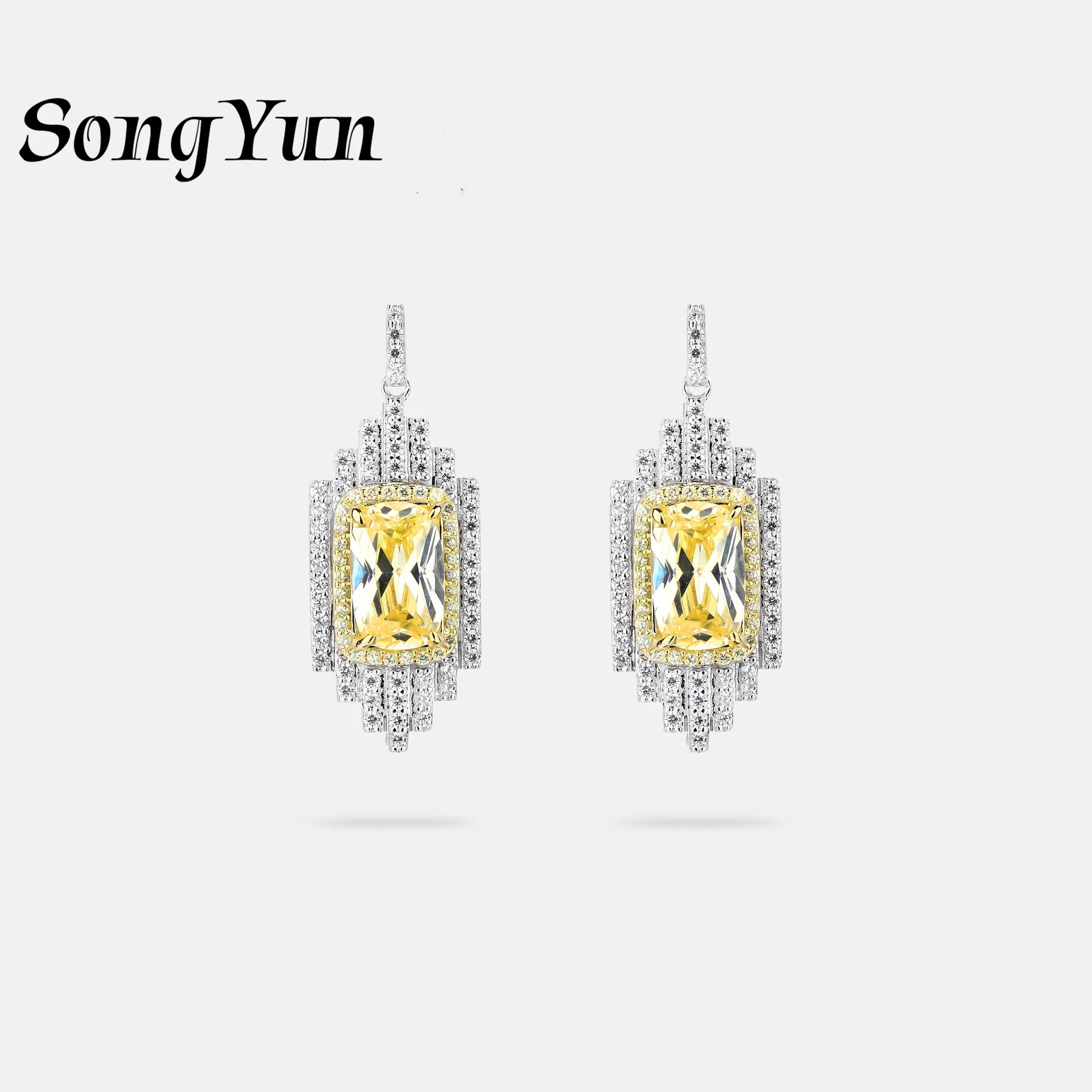 

SongYun Jewelry 925 Sterling Silver Earrings Women CZ Gemstones High Carbon Yellow Diamond Fashion 925 Silver Stud Drop Earrings