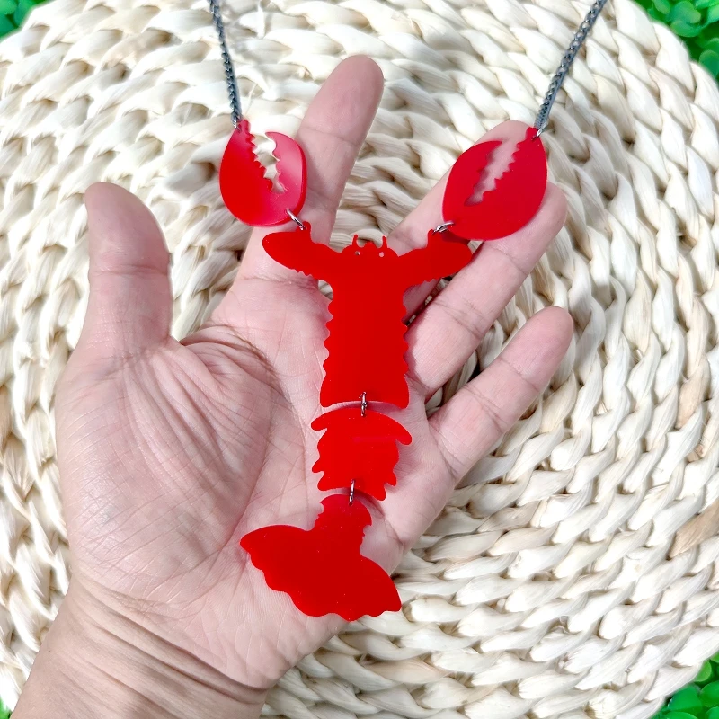 KUGUYS Red Lobster Big Pendant Necklace for Women Men Black Link Chain HipHop Rock Punk Funny Fashion Acrylic Long Jewelry