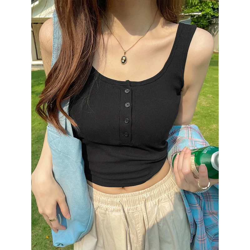 2026 Damen Einfarbiges Geripptes Knopf-Tanktop mit Rundhalsausschnitt, Sommer-Basis-Tanktop mit Elastik und O-Ausschnitt ﻿