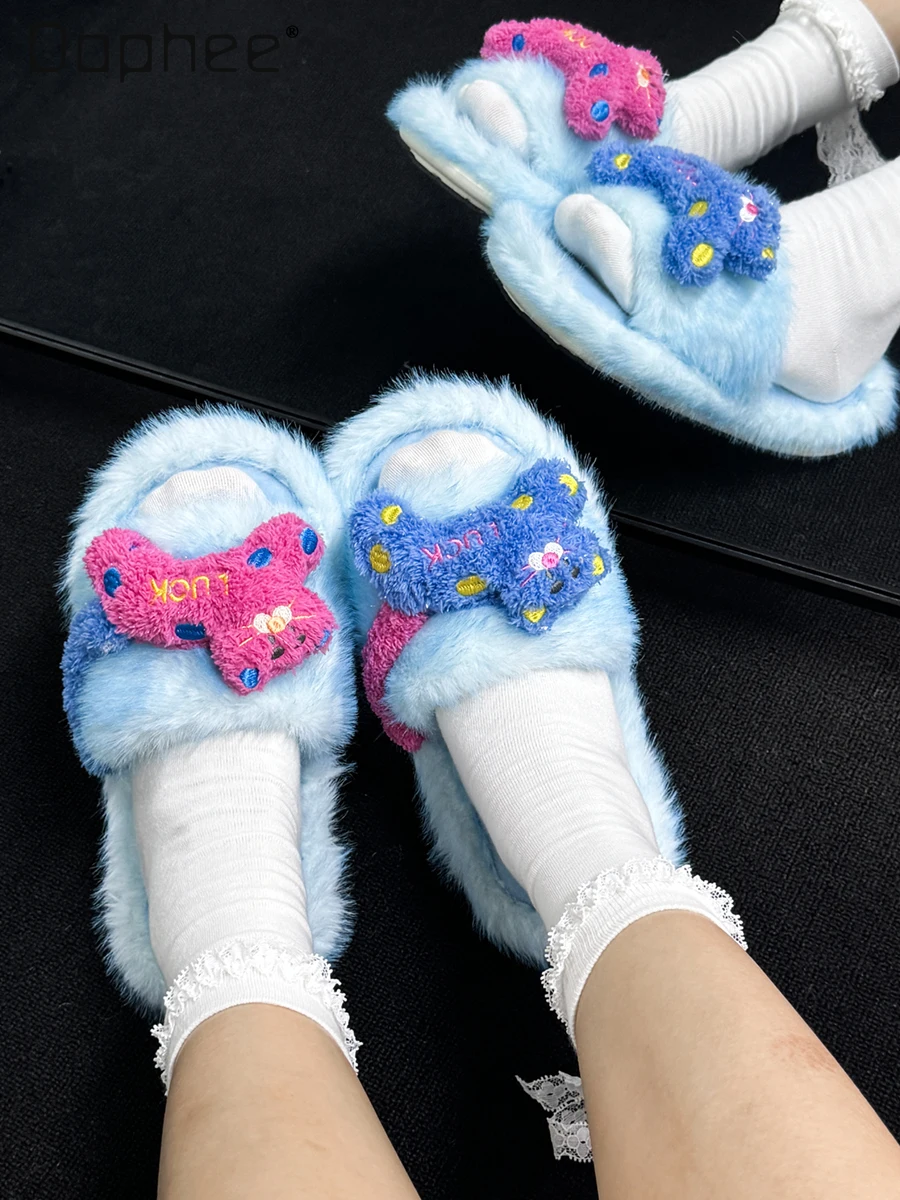 Blue Fluffy Home Cotton Slippers Women 2024 New Cat Cartoon Warm Footwear Fashion Toe Sole Slippers Indoor Flat Shoes Sandals