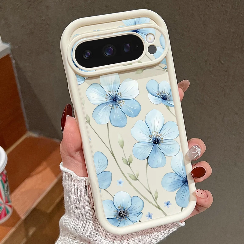 Weiche TPU-Handyhülle für Google Pixel 10 9 8 7 Pro Pixel 9 10 Pro XL 7A 8A 9A Stoßfeste Hellblaue Blumen-Bedruckte Silikonhülle