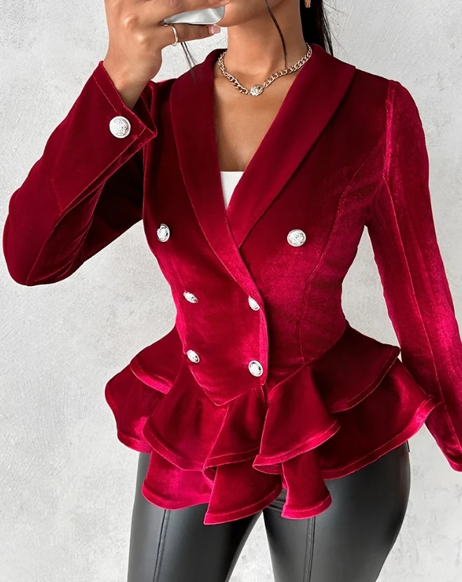 Women\'s Jacket 2023 Autumn Elegant Long Sleeve Double Breasted Velvet Ruffles Work Blazer Coat Fashion Versatile Outer Wear