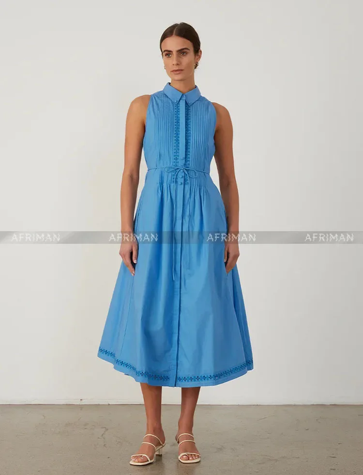 2024 Summer New Blue Organic Cotton Shirt Style Sleeveless Waist Tie Up Dress