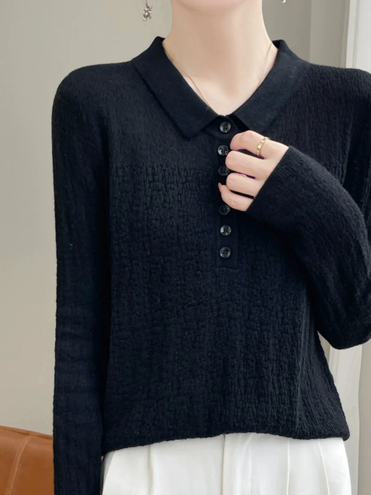   Długi sweter z kołnierzykiem, dzianinowa warstwa bazowa, uniwersalny, modny design, faktura, damski top, do pracy, prosty materiał...