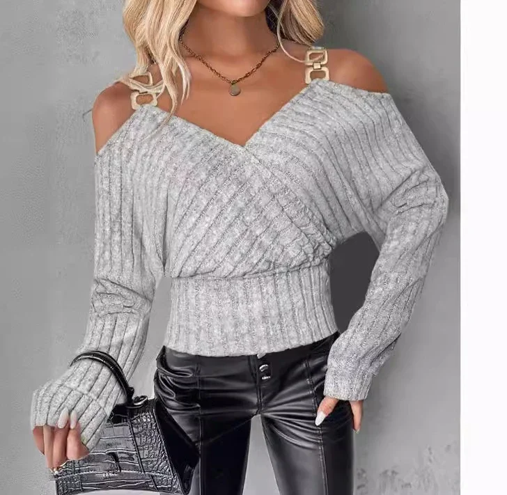 

Off Shoulder Top Woman 2024 Spring and Autumn New V-neck Long Sleeve Metal Buckle Design T-shirt Long Sleeves Blouse Streetwear