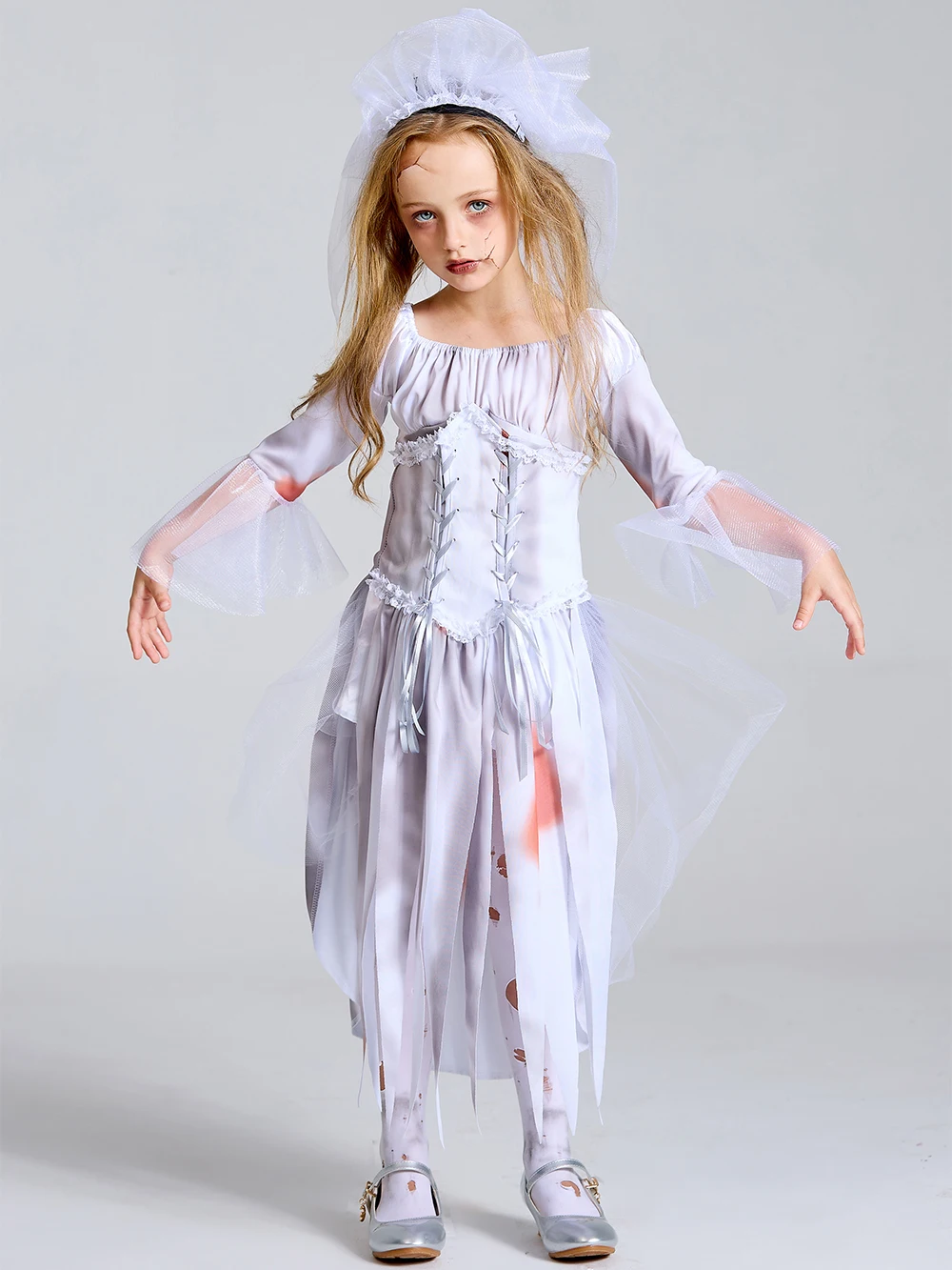4-12Y 14-16Y Children Scary Halloween Bloody Corpse Bride Costume for Girls Fringe Dress With Corset Umorden