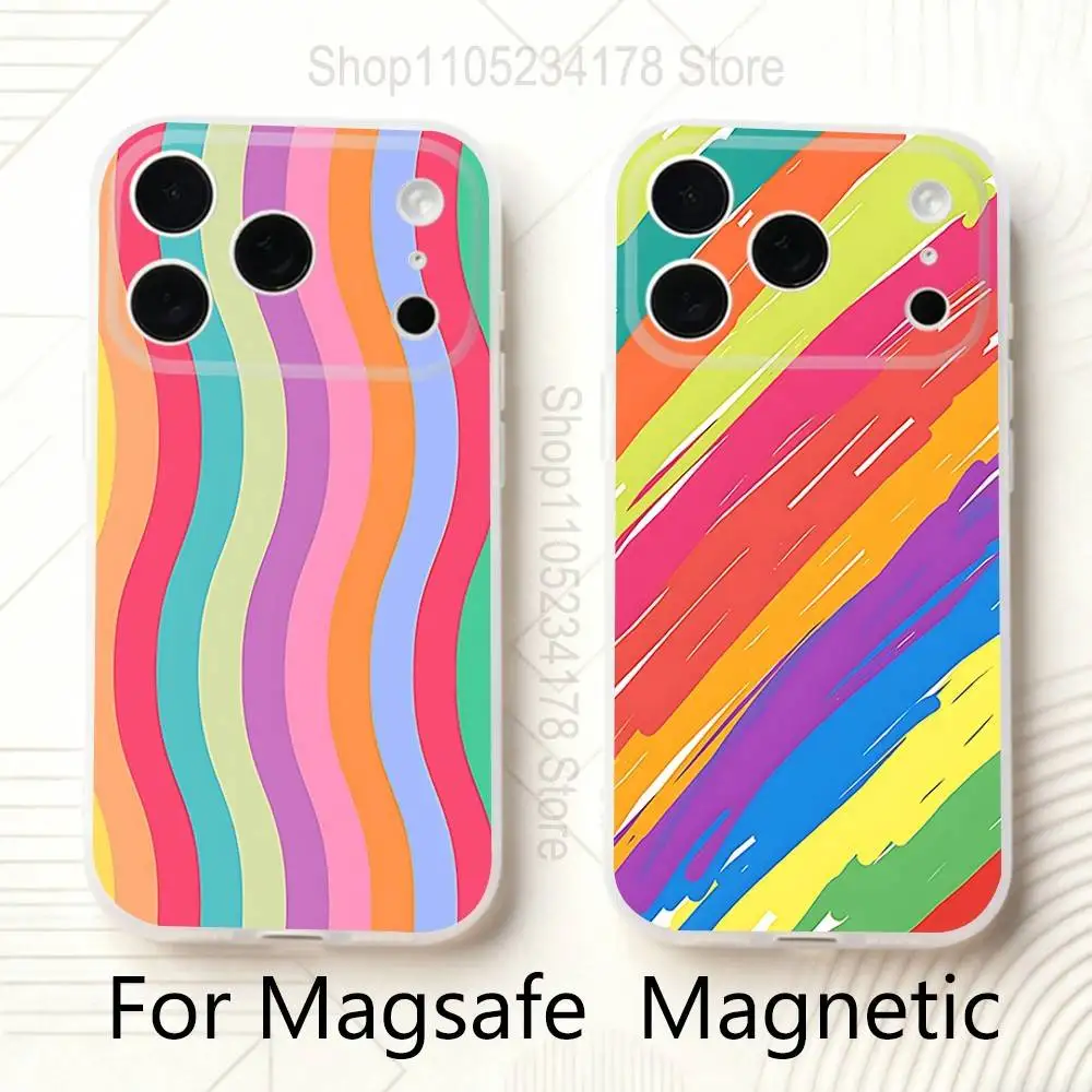 

Colorful Rainbow Stripe Phone Case For iPhone 17,16,15,14,13,12,11 Pro,Max,Plus,Mini,Air,E Magnetic Magsafe Frosted Clear