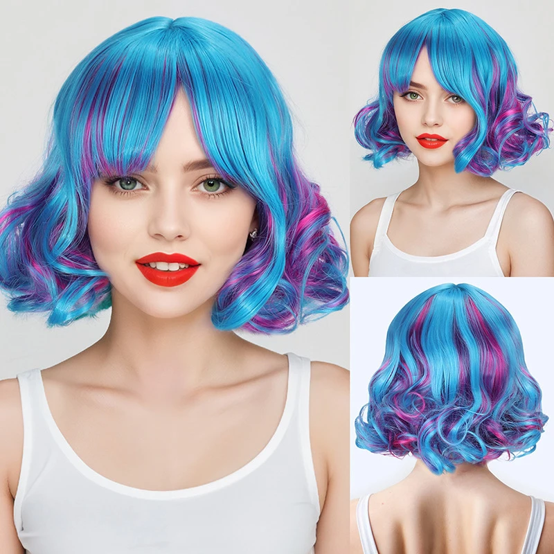 Japanese-style super cute Lolita wig, fashionable colorful short curly hair with bangs