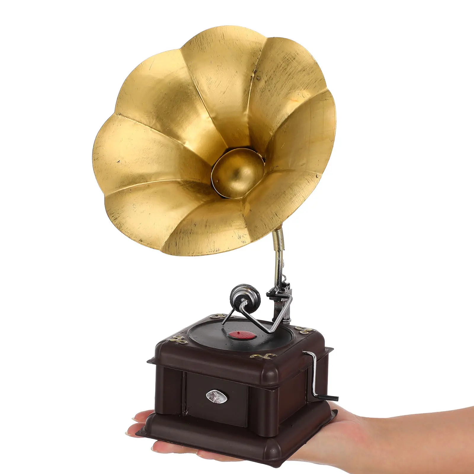 Vintage Record Player Music Box Ornament Hand Cranked Wood Color Retro Home Cafe Bar Decor Romantic Gift