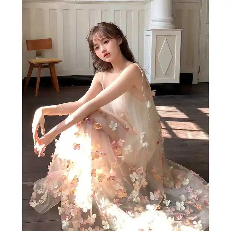 New Chinese Style Mori Beautiful Suspender Super Vacation Morning Gowns Dress Gradient Flower Long
