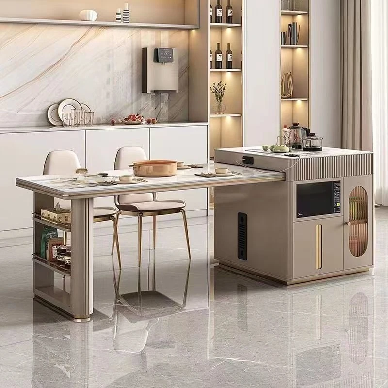 Rock slab island dining table integrated modern simple household kitchen multi-functional with induction cooker refrigerator