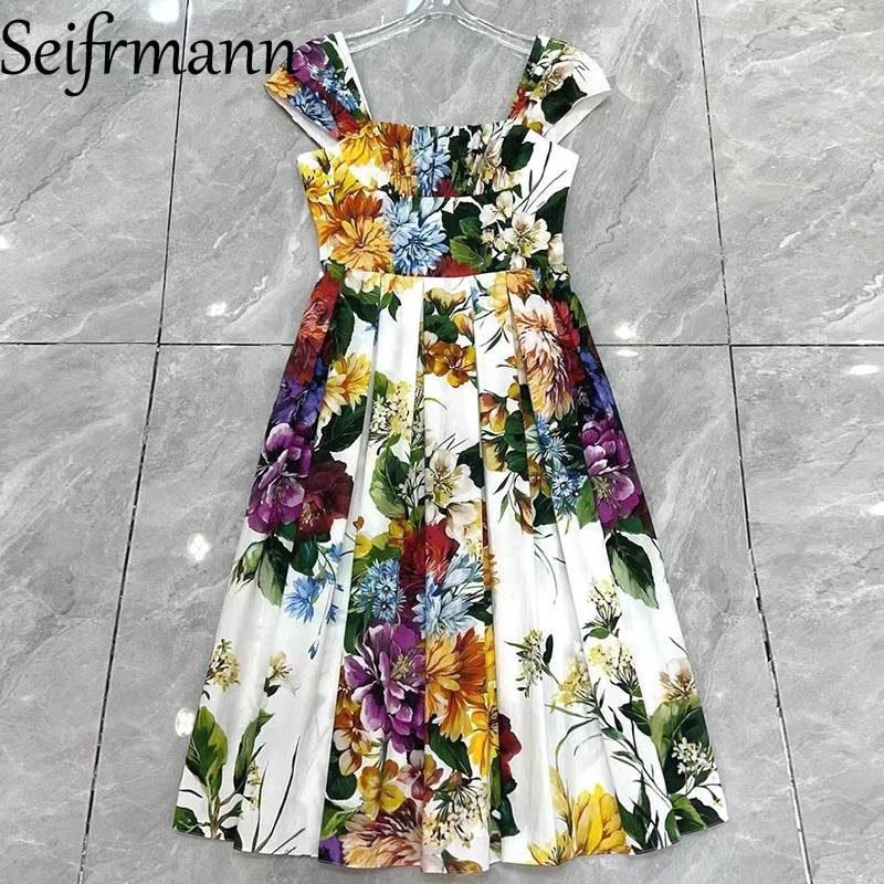 فستان Seifrmann كاجوال بنمط العطلة للنساء برقبة مربعة وحزام سباغيتي بدون ظهر فساتين قطنية مطبوعة بالزهور