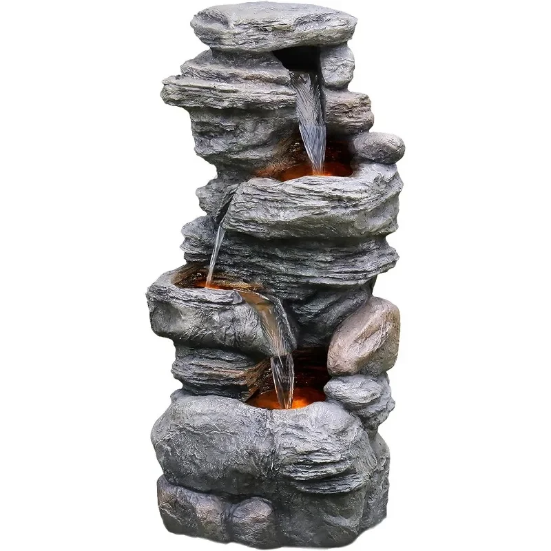 Outdoor Faux Stacked Stone 4-Tier Water Fountain with LED Lights and Pump, Gray