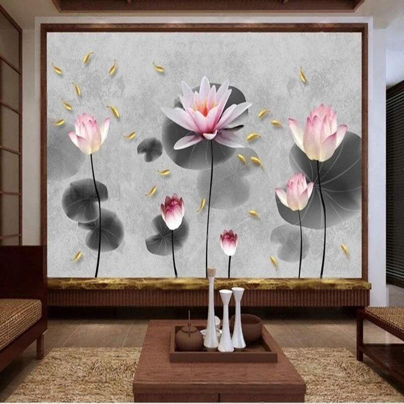 Chinese-style artistic conception beautiful pink lotus golden fish grey soft-padded TV luxurious home decoration background wall