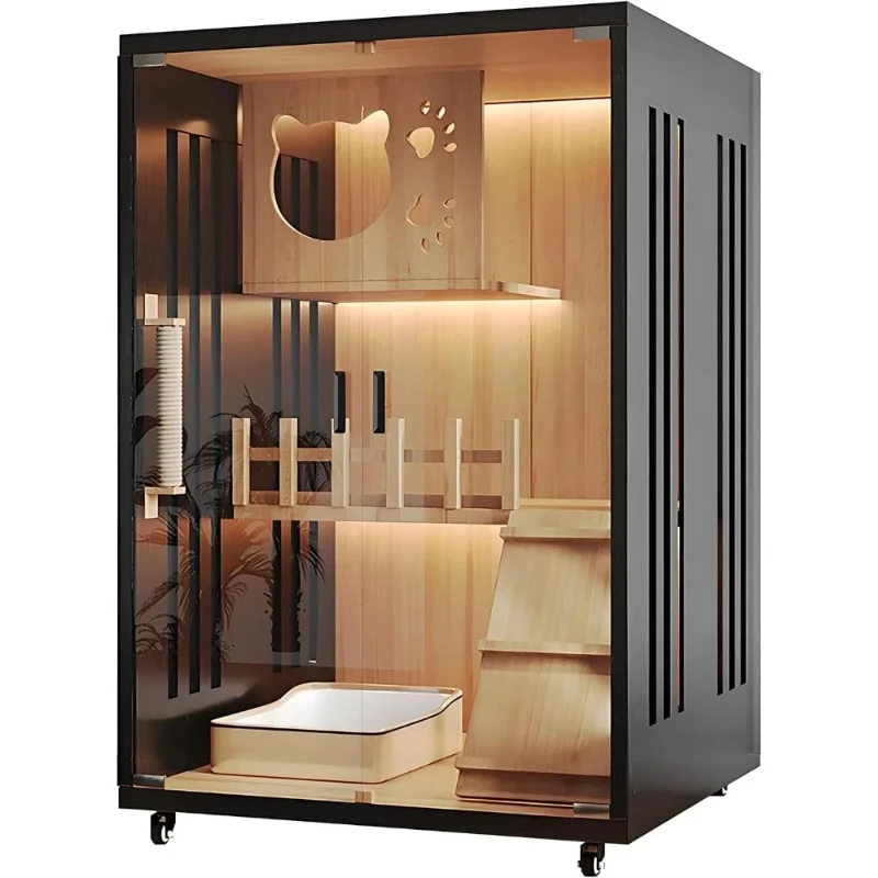 Modern Cat House & Indoor Villa - Extra Large Wooden Cattery Cage Enclosure with Lockable Wheels & Tempered Glass