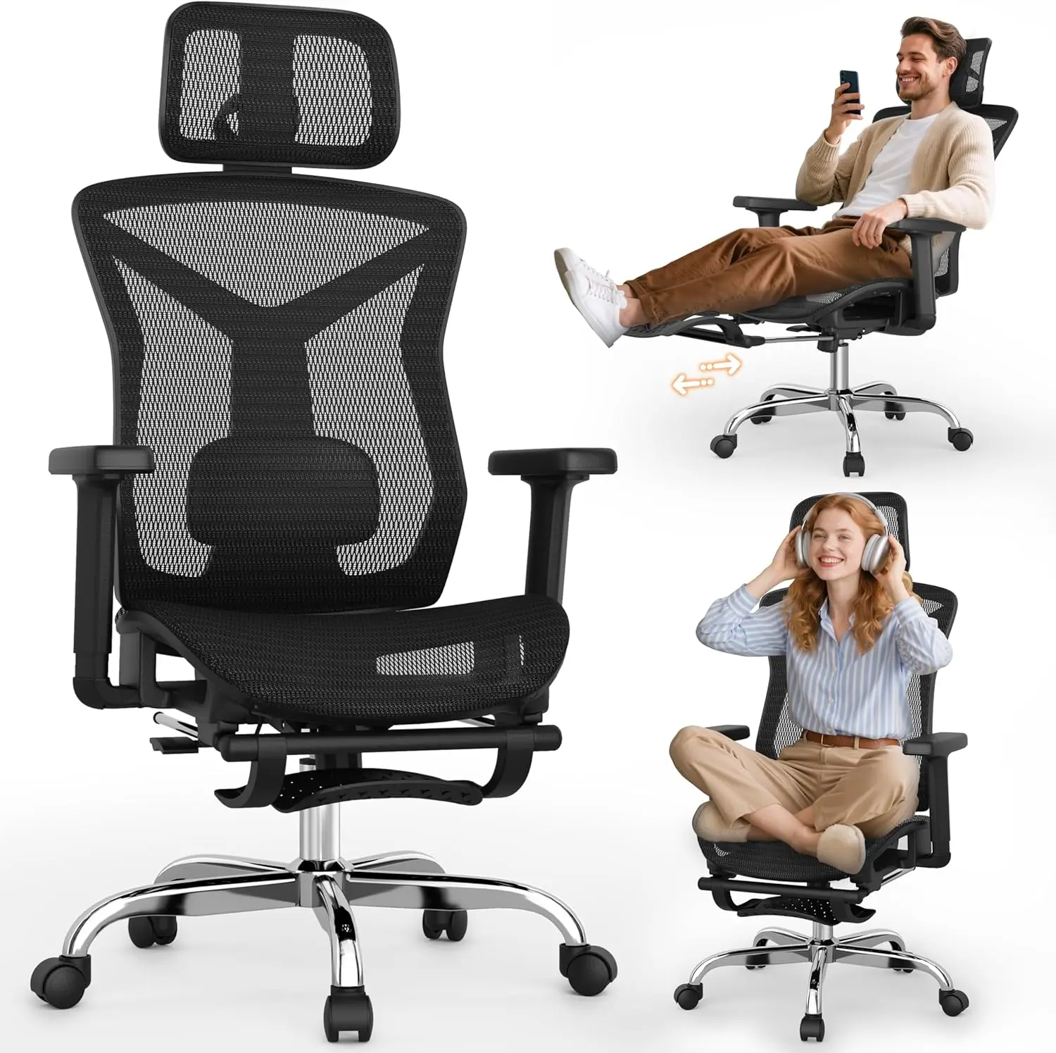 

Ergonomic Office Chair with Foot Rest Adjustable Lumbar Support 3D Armrest Headrest Reclining High Back Swivel Gaming Chair