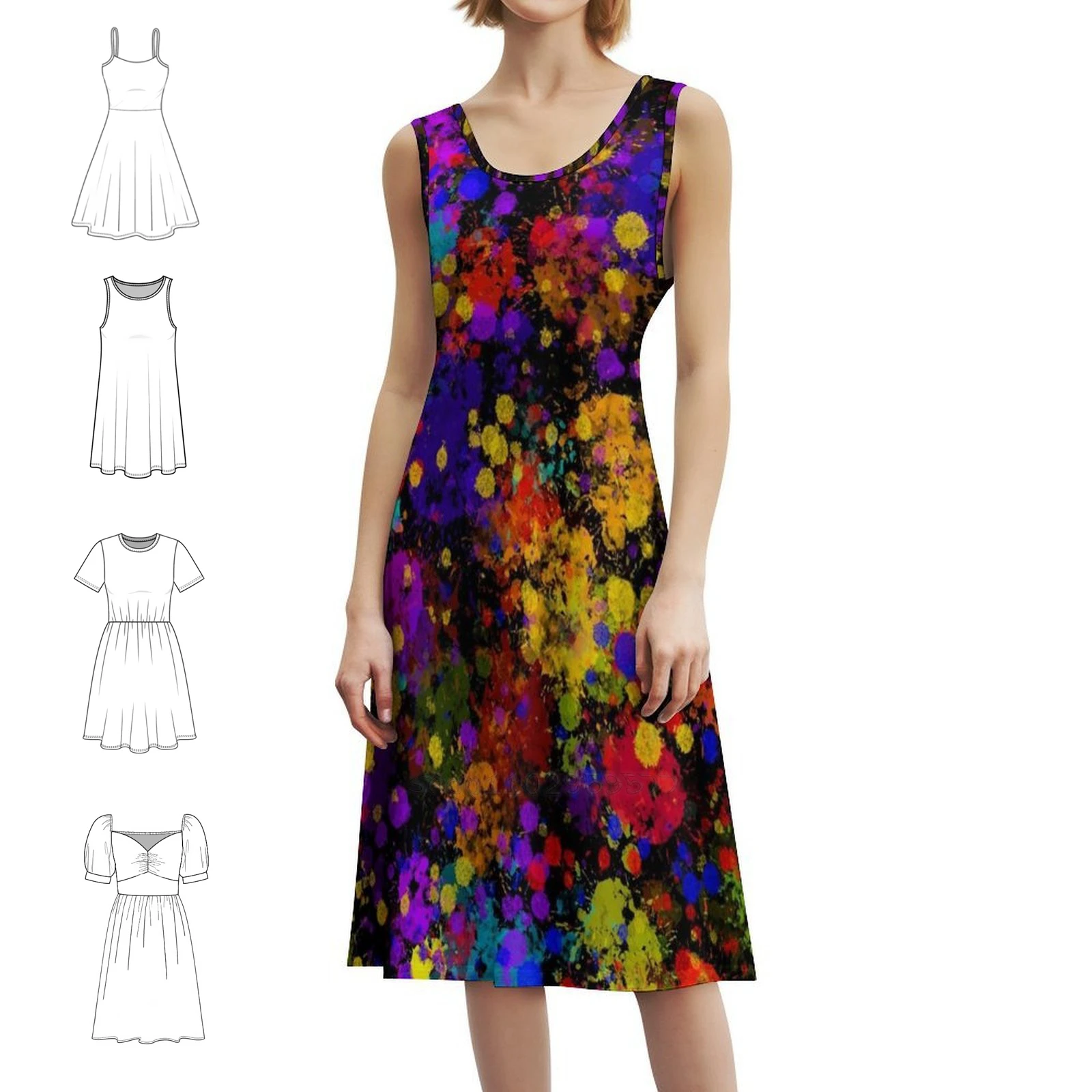 رذاذ طلاء قوس قزح 1 [أسود] فستان عطلة مثير للنساء فستان قصير لحفلات الشاطئ وأعياد الميلاد أحمر برتقالي أصفر أخضر أزرق