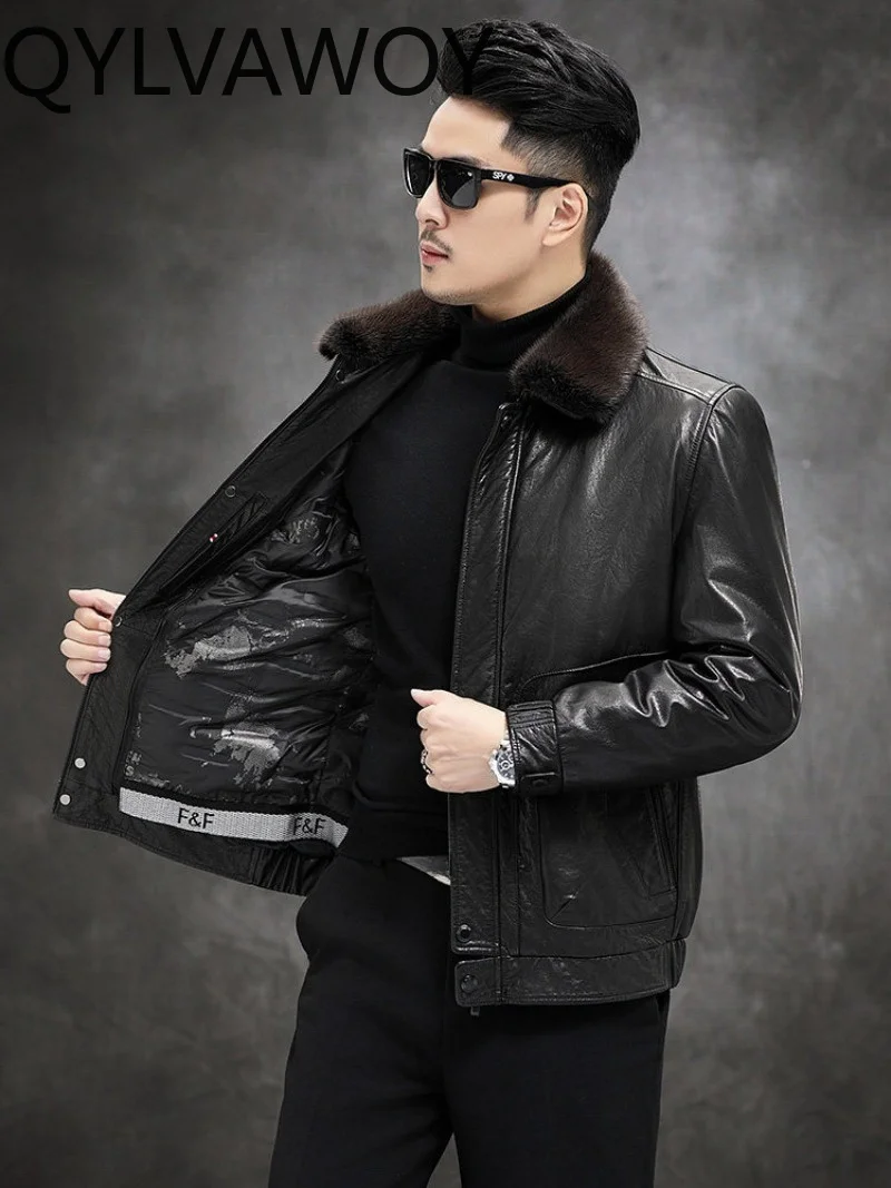 QYLVAWOY 2026 Genuine Leather Down Jacket Men Mink Fur Collar Winter Waxed Top Layer Cowhide Leather Coat Detachable Down Liner