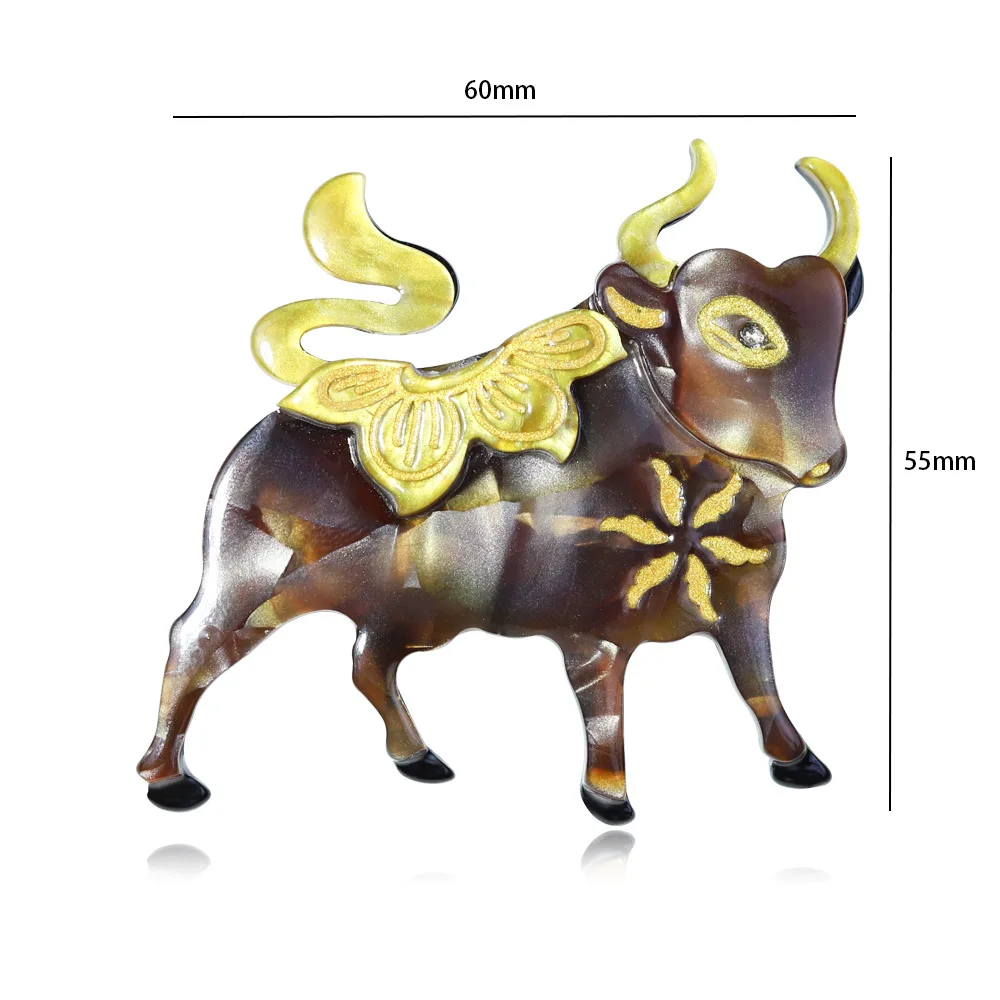 Acrylic Animal Bull Cartoon Pin Retro Imitation Amber Patterned Taurus Brooch Three-dimensional Clothing Bag Decoration