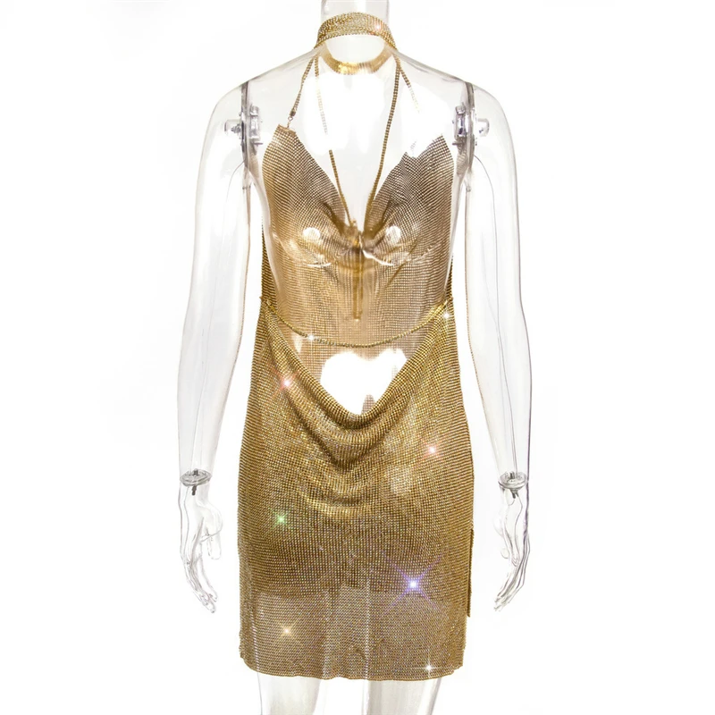 Damen Neckholder-Minikleid mit Strass-Netzstoff, Wasserfallausschnitt, Rückenfreies Bodycon-Kleid mit Schlitz, Kurzes Kleid für Nachtclub und Geburtstagsfeiern – Detail 12