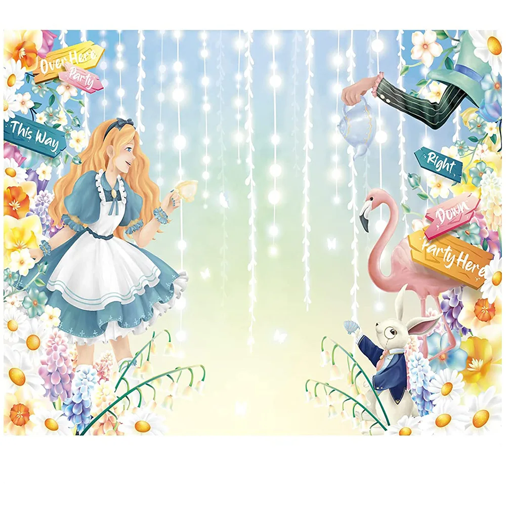 ฤดูใบไม้ผลิ Tea Party ผ้าปูโต๊ะผ้าฝ้ายเจ้าหญิง Wonderland Cat ตารางอีสเตอร์ฉากหลังเจ้าสาวฝักบัวอาบน้ำเด็ก Bday Wall Decor