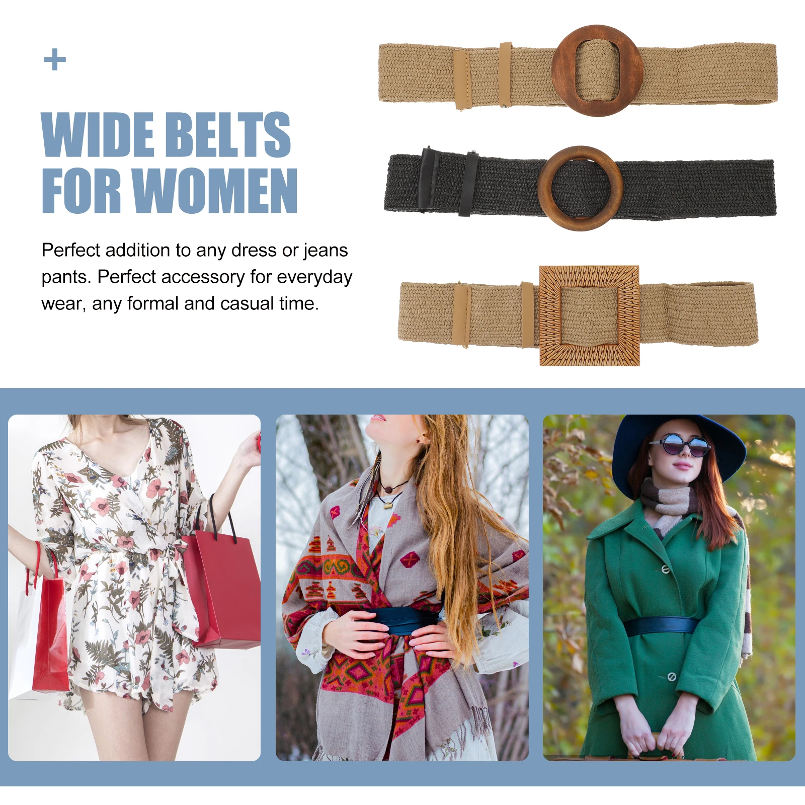 

3pcs Buckle Belts Braided Wide Belt for Women Black Khaki Dress Belts For Women Beige Casual Dress Jeans Accessories