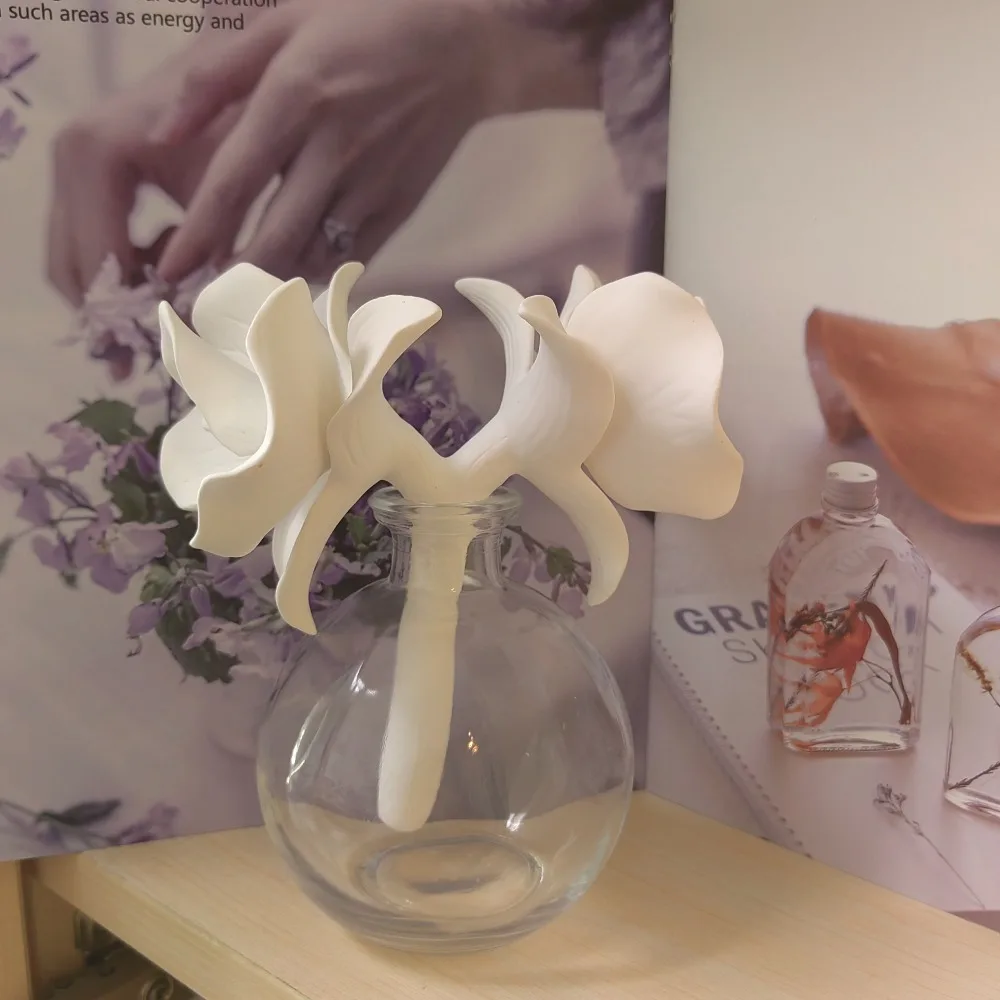Double Head Ceramic Orchid Flower Diffuser, Premium White Handmade Ceramic Flower for Home Decor and Gift