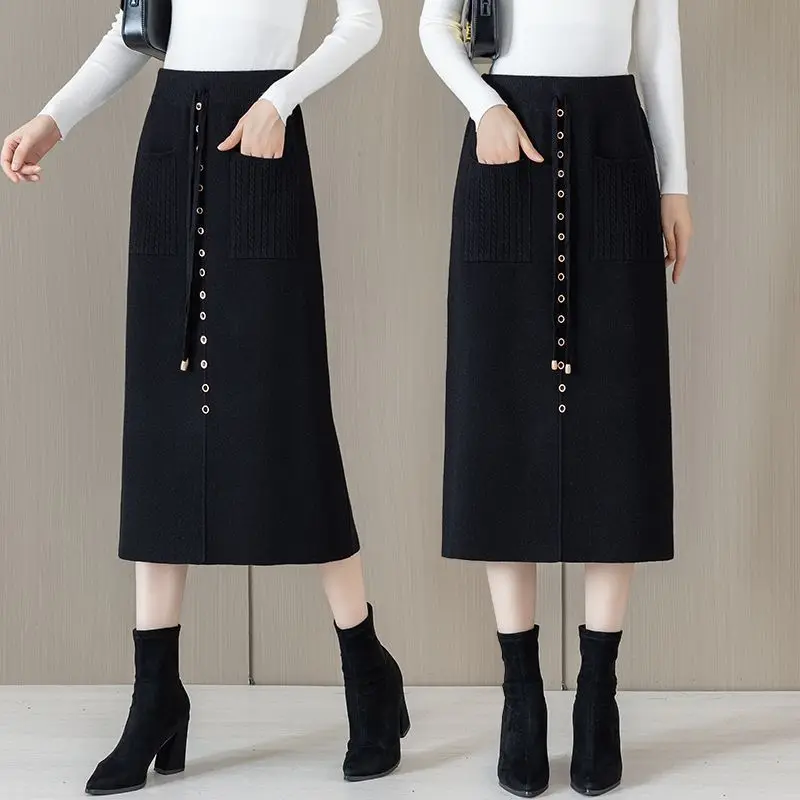 Women Decorative Button Front Midi Skirt Pocket Straight High Waist Skirt
