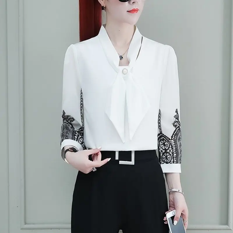 Lace Spliced Fashion Solid Chiffon Blouses Women's Clothing New Commute All-match Female Beading Long Sleeve Scarf Collar Shirt