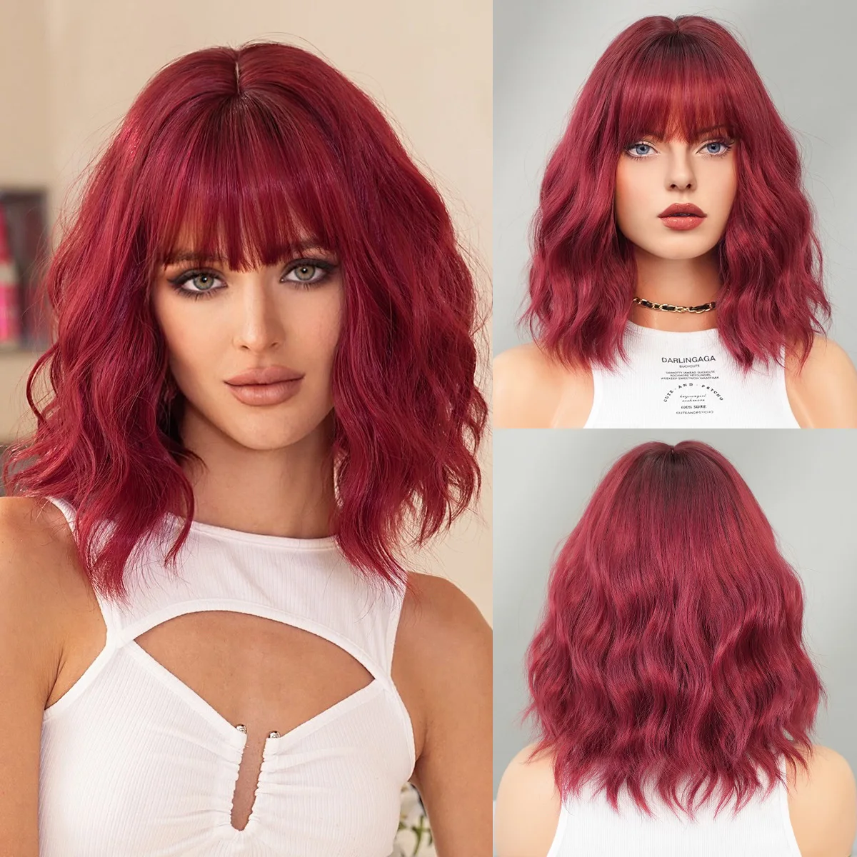 

Fashion burgundy short curly hair wig female Qi bangs water ripple Bob head chemical fiber full head cover
