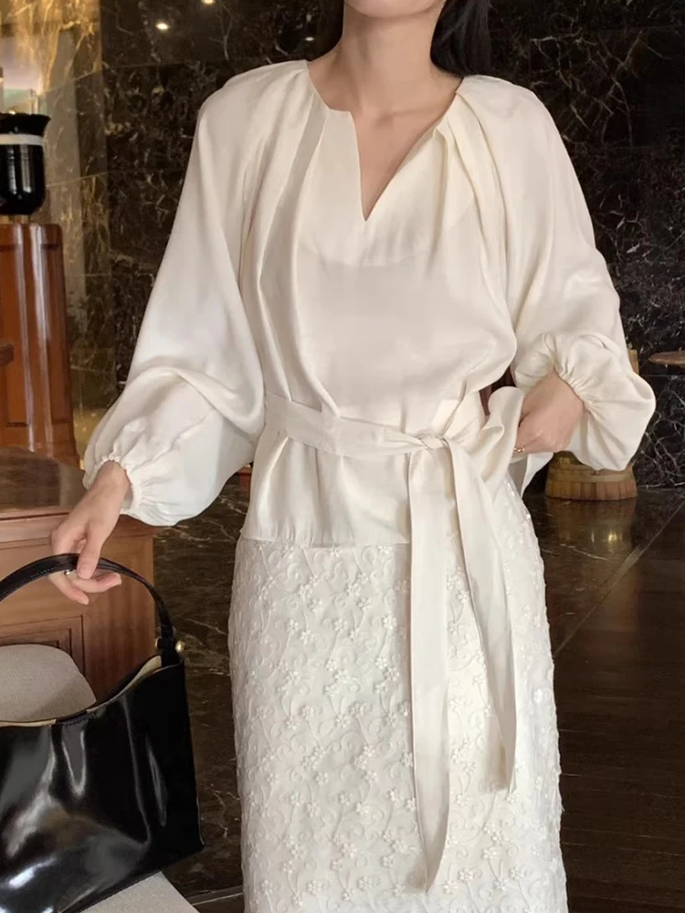 

Ele V-ne Pleated Waist-cinching Long Sve irt Women's Top Faion Korean Sle Commute Wind Loose Fit Chic New Arrival