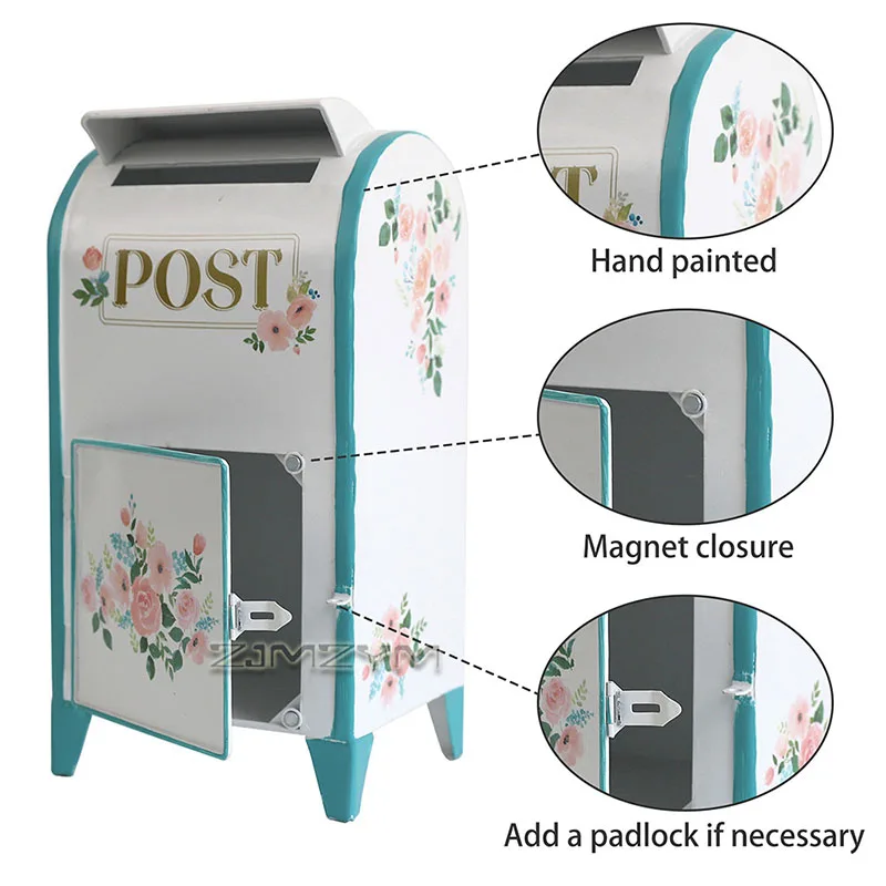 Freestanding Metal Mailbox Hand Painted Floral Decorative Post Box Lockable Small Letter Box for Garden Yard Tabletop Wedding