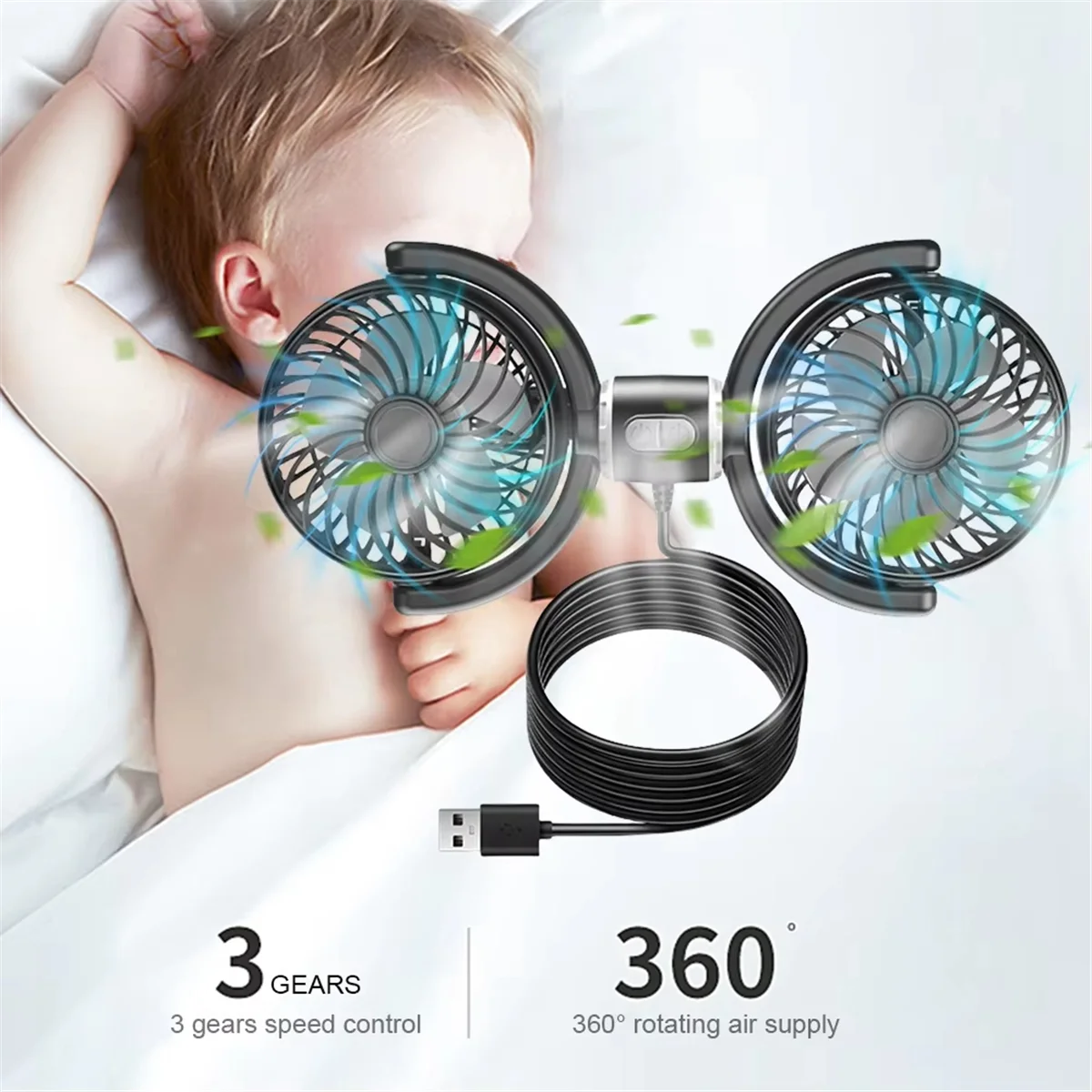 CCDD รถ เบาะหลังพัดลมระบายความร้อน 3 ความเร็ว USB รถพัดลมพนักพิงศีรษะด้านหลัง 360 °   พัดลมระบายความร้อนคอรถยนต์แบบหมุนได้สําหรับรถยนต์ SUV