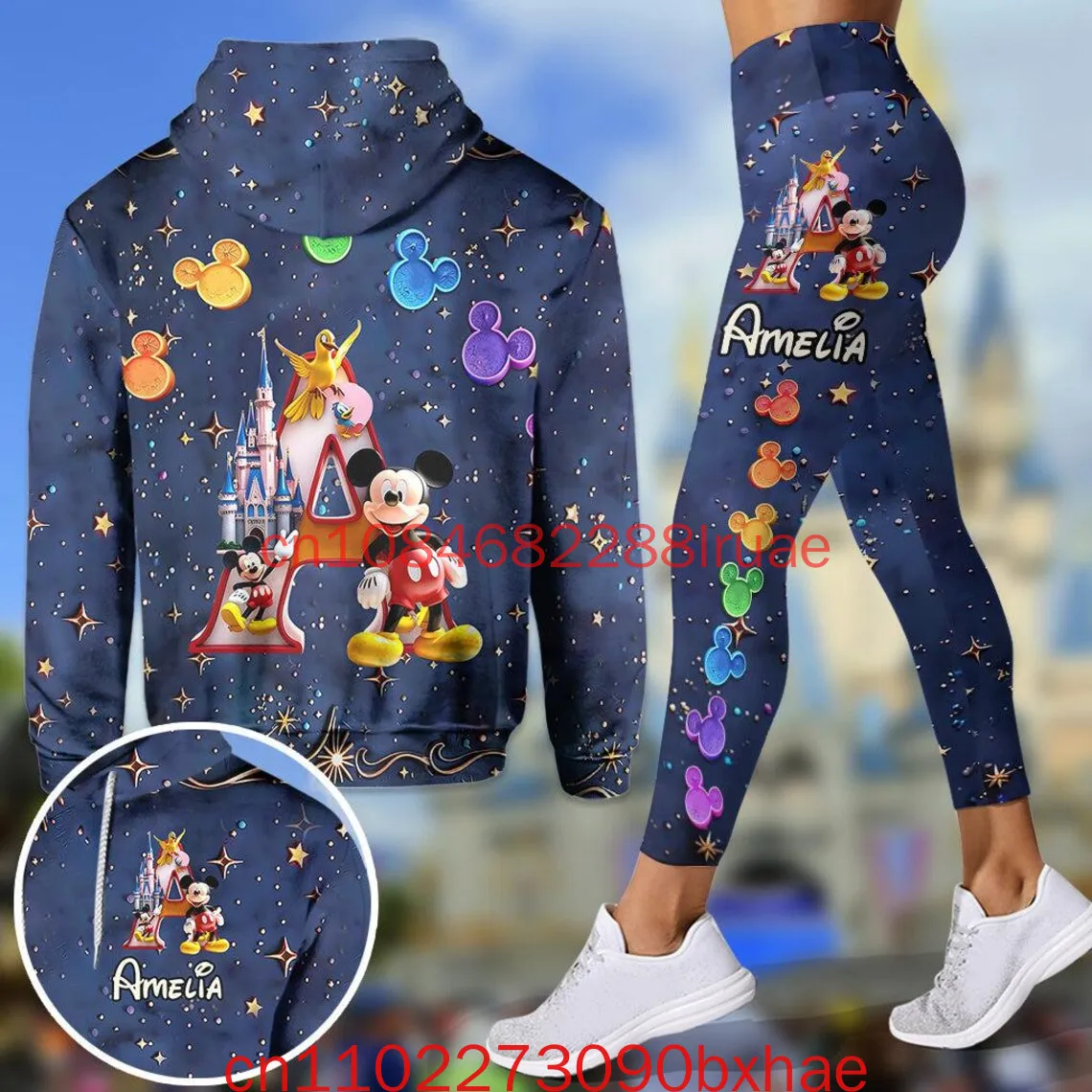 

Персонализированный комплект с капюшоном и леггинсами с Микки Маусом, наряд с замком Диснея для женщин, милая одинаковая одежда с индивидуальным именем в стиле Дисней