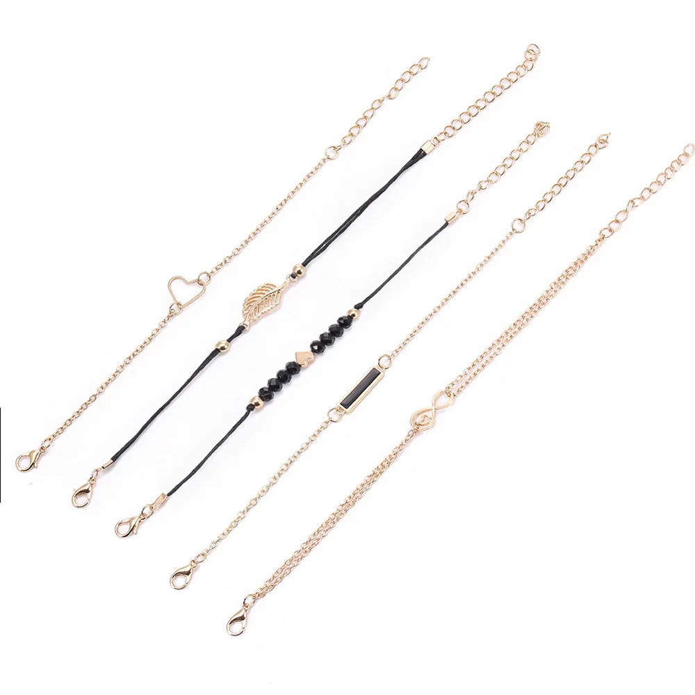 Personality Geometry Bracelets Set for Women Infinity Symbol Hollow Metal Heart Black Acrylic Beaded Beads Charms Bangle Jewelry