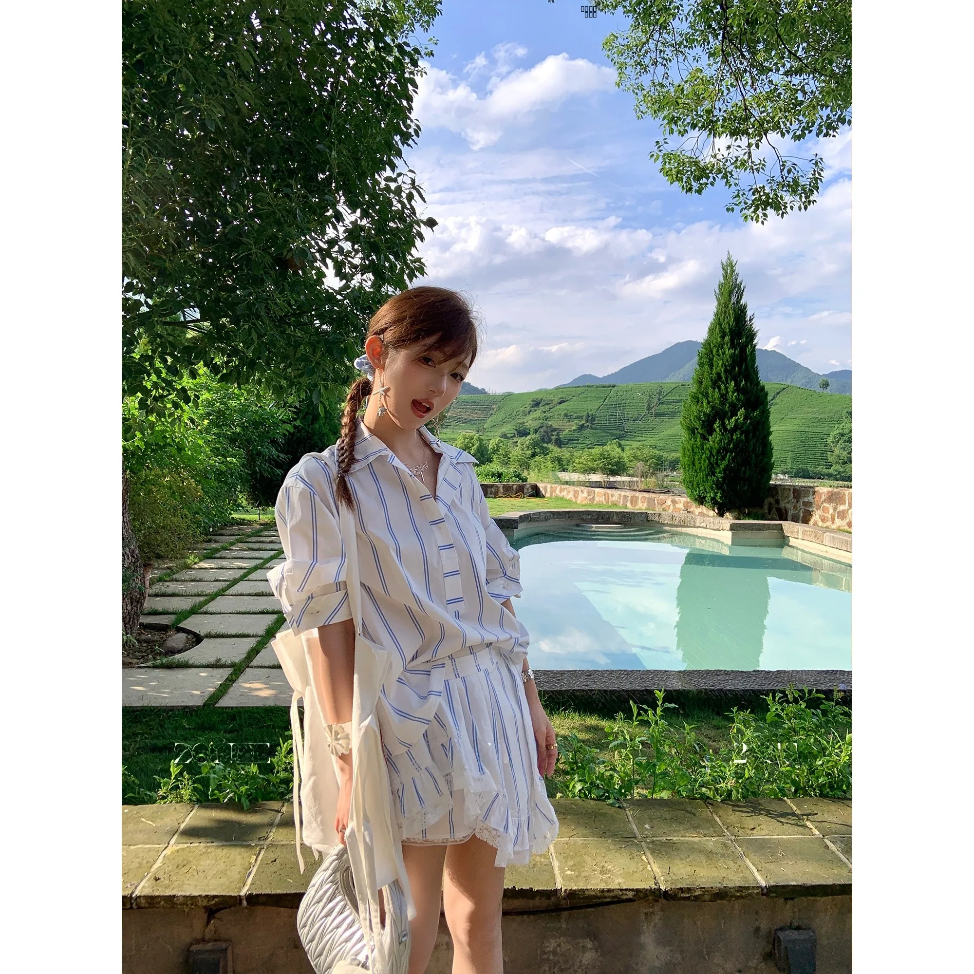 

Комплект Zoneelea Song Yun Beach Living: оригинальный дизайн, 100% хлопок, полосатая рубашка и юбка, женский летний наряд во французском стиле