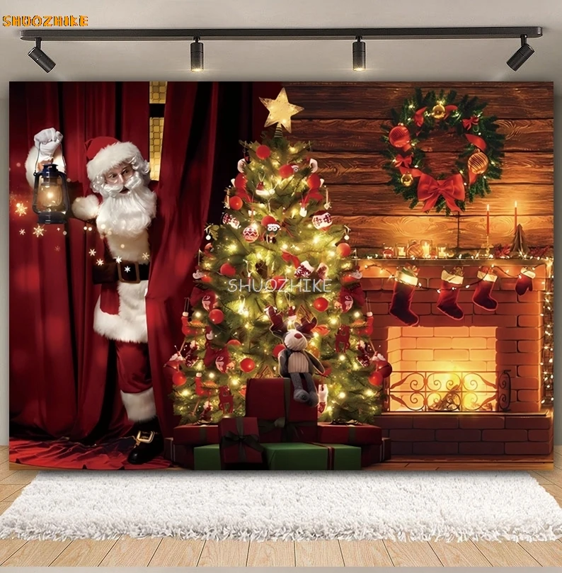 Winter Christmas Santa Claus Photography Backdrop Christmas Tree Fireplace Window Kids Portrait Family Party Photo Background