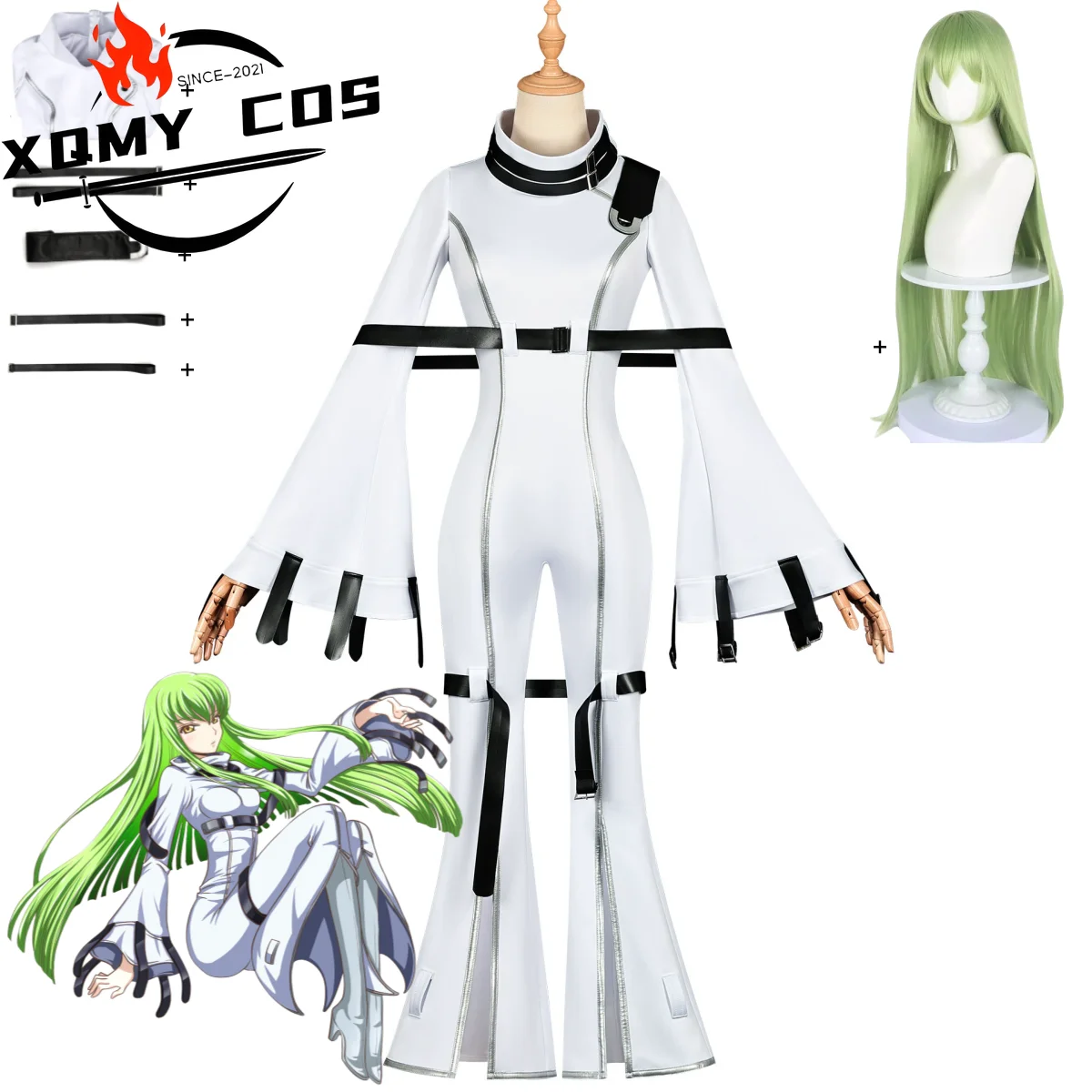 XQAnime Code Geass Lelouch Of The Rebellion C.C. Cosplay Costume Sexy White Tight Leather Jumpsuit Uniform Wig Woman Party Suit