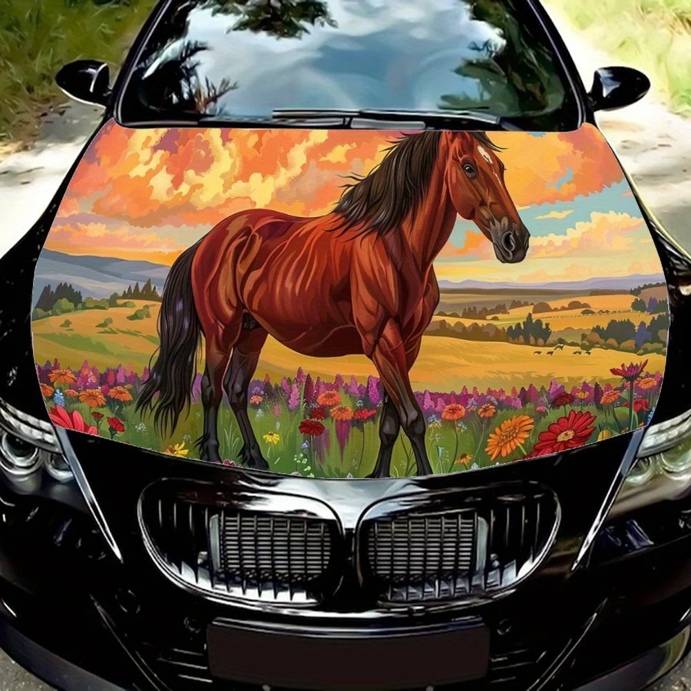 

Orange Sunset Horse Car Hood Decal,Self-Adhesive PVC Hood Sticker Decor Scratch Resistant Sticker Protect,Auto Accessories Gift