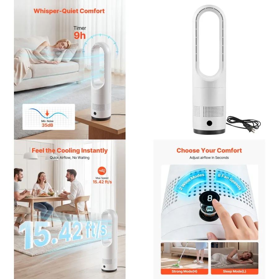 

Bladeless Tower Fan, 80° Oscillating Standing Fan, 8 Speeds and 9-Hour Timer, 15.42 ft High Velocity Floor Air Circulator, Powe
